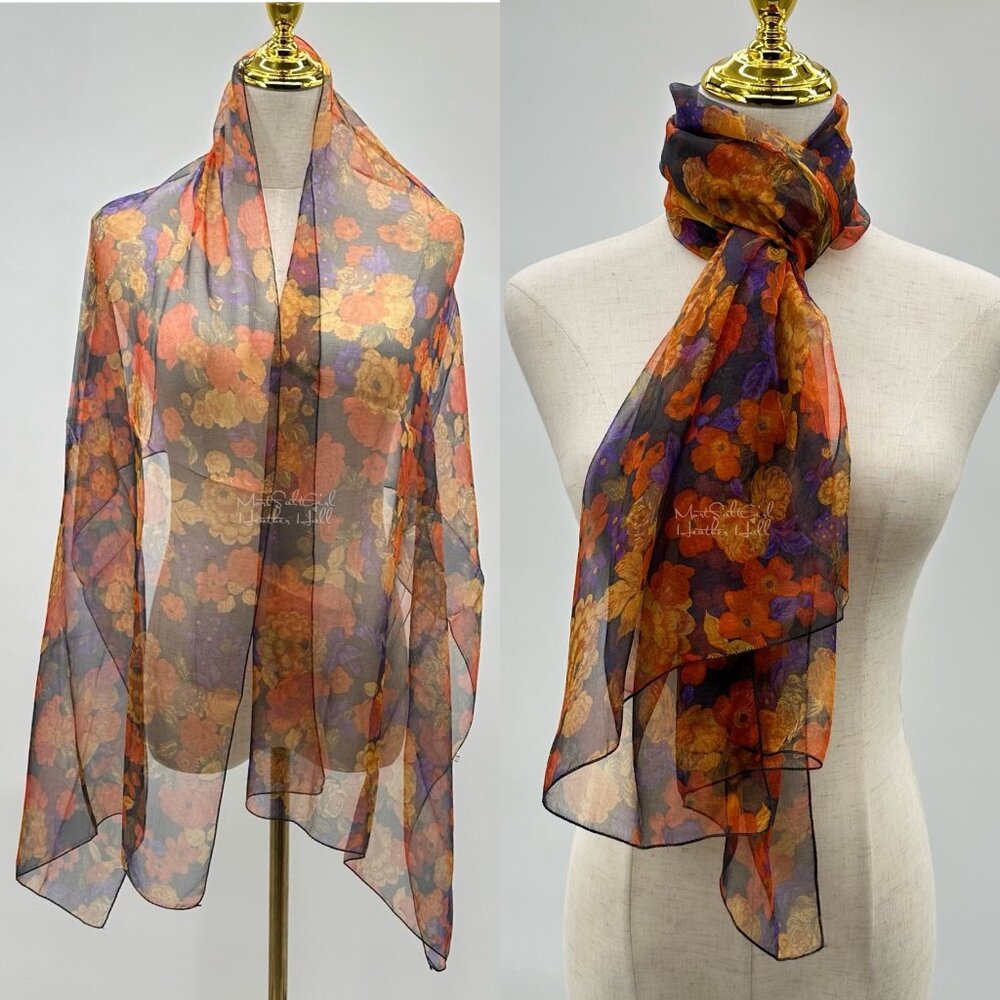 Vintage Floral Silk Scarf Made In France Sheer Lightweight Orange & Purple